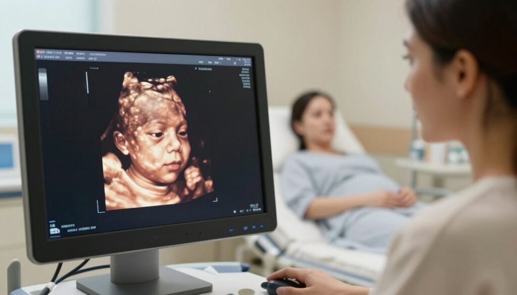 A 3D ultrasound image of a baby girl, showcasing a detailed and clear view of her features. Focus on the baby's profile, highlighting the delicate contours of her face and the gentle curves that are characteristic of early fetal development. The foreground should depict the ultrasound screen with realistic details such as the gray scale and texture of the image. The middle ground features an expectant mother in a hospital setting, dressed in modest casual clothing, looking at the ultrasound screen with a sense of wonder and anticipation. The background includes soft, diffused lighting that enhances the serene atmosphere of the medical environment, suggesting a feeling of hope and joy. The image captures the essence of clarity in the 3D ultrasound process, emphasizing the optimal timing for the most vivid imagery.
