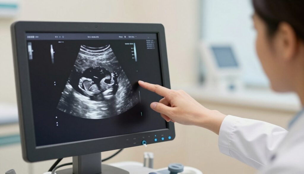 A 9-week ultrasound image showcasing a developing fetus in a clear and detailed manner. The foreground includes a close-up of the ultrasound screen, displaying the fetus in a realistic grayscale format, emphasizing the developing limbs and facial structure. In the middle ground, a doctor's hand gently points to the ultrasound image on the monitor, illustrating the examination process. The background is softly blurred, hinting at a modern medical environment with muted colors and soft lighting, creating a calm and professional atmosphere. Use a balanced composition with natural lighting, achieving a clinical yet warm tone to reflect the hope and anticipation of expectant parents.
