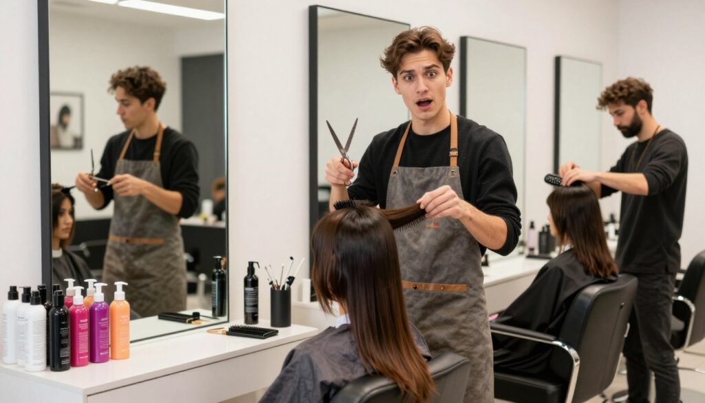 A beginner hairstylist in a modern salon, standing confidently behind a styling chair, holding scissors and hairbrush, showcasing a mix of excitement and nervousness. The foreground features various hair products neatly arranged on a counter, while behind, mirrors reflect a chic, well-lit salon environment with contemporary decor. Soft, natural lighting enhances the vibrant colors of the hair products and a client's hairstyle being tailored. The hairstylist is dressed in professional attire, with a trendy apron, symbolizing their new journey in the hairdressing industry. In the background, a few other stylists are busy at work, creating a bustling, energetic atmosphere that signifies the beginner stage contrasting with experienced specialists working nearby.