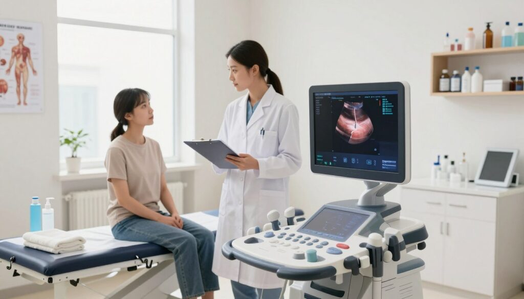 A bright, clean ultrasound examination room with a modern ultrasound machine in the foreground showing a digital screen displaying a colorful abdominal image. In the middle ground, a healthcare professional in a white lab coat is preparing for the procedure, looking at documents on a clipboard. Soft, natural lighting streams from a large window, creating a calm and welcoming atmosphere. On the left side, there's a neatly arranged medical counter with necessary items for the examination, such as a towel and gel, and a patient in modest casual clothing seated on a padded examination table, looking reassured. The background shows anatomical posters and an organized shelf with medical supplies to emphasize a professional setting. The overall mood conveys trust and preparation, focusing on the process of getting ready for a medical examination.