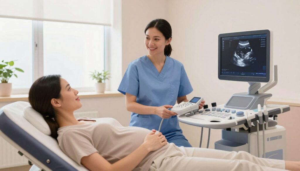 A bright, inviting healthcare clinic interior, featuring a modern ultrasound room equipped with advanced machinery. In the foreground, a peaceful expectant mother in modest, casual clothing is lying on an examination table, gazing at the monitor displaying the early stages of a fetus during an ultrasound scan. The middle ground showcases a friendly healthcare professional, dressed in professional scrubs, holding the ultrasound device and smiling reassuringly at the mother. In the background, soft natural light filters through large windows, creating a warm atmosphere. Gentle pastel colors dominate the room, enhancing the serene and hopeful mood. The focus is sharp, conveying a sense of intimacy and care during this important medical procedure.