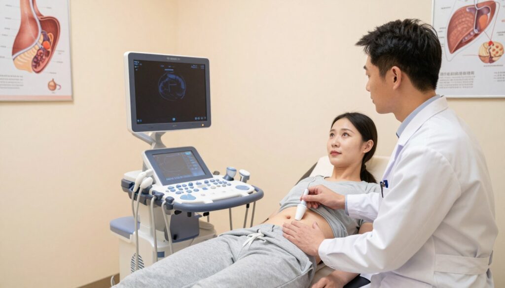 A bright, well-lit medical examination room featuring a state-of-the-art ultrasound machine with a digital display. In the foreground, a professional healthcare provider dressed in a white lab coat, attentively preparing the ultrasound equipment while explaining the procedure to a patient in modest, casual clothing seated comfortably on an examination table. In the middle, the ultrasound gel and transducer are positioned, showcasing the focus on the abdominal examination process. In the background, soft pastel colors create a calming atmosphere, with medical posters related to abdominal anatomy on the walls. The lighting is warm and inviting, ensuring a reassuring environment for patients. The camera angle is slightly above eye level, providing a comprehensive view of the scene, emphasizing the professionalism and warmth of the medical setting. A bright, well-lit medical examination room featuring a state-of-the-art ultrasound machine with a digital display. In the foreground, a professional healthcare provider dressed in a white lab coat, attentively preparing the ultrasound equipment while explaining the procedure to a patient in modest, casual clothing seated comfortably on an examination table. In the middle, the ultrasound gel and transducer are positioned, showcasing the focus on the abdominal examination process. In the background, soft pastel colors create a calming atmosphere, with medical posters related to abdominal anatomy on the walls. The lighting is warm and inviting, ensuring a reassuring environment for patients. The camera angle is slightly above eye level, providing a comprehensive view of the scene, emphasizing the professionalism and warmth of the medical setting.