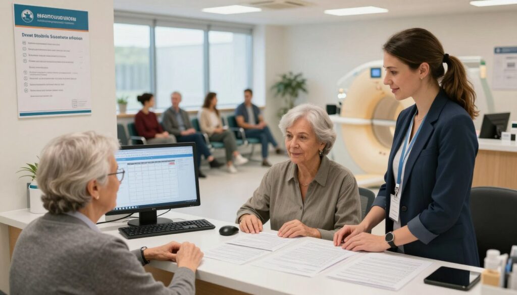 A busy hospital reception area focused on the patient registration process for MRI appointments under the NFZ health system. In the foreground, a friendly female receptionist in professional attire is assisting an elderly patient, showing an empathetic demeanor. The middle ground features a clean, organized desk with medical forms, a computer displaying an appointment calendar, and a poster about MRI procedures on the wall. A diverse group of patients is waiting in the background, seated in a modern waiting area with comfortable chairs. Soft natural lighting from large windows creates a calm and professional atmosphere, emphasizing accessibility and health care efficiency. The overall mood conveys support and organization, suitable for a professional article about healthcare registration.