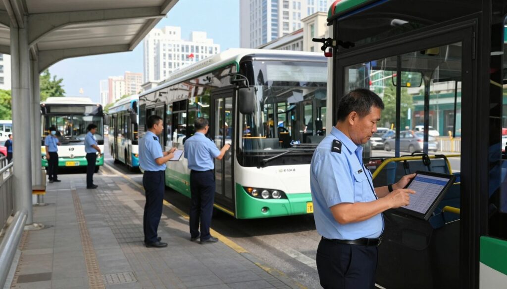 A busy urban bus depot showcasing a variety of bus drivers on shift, each wearing professional uniforms. In the foreground, a middle-aged male driver stands beside a city bus, checking a digital schedule on a tablet. In the middle ground, several buses are parked, with some drivers engaged in conversations or preparing for their next routes. The background features a modern cityscape with tall buildings under a bright blue sky, emphasizing the urban environment. Soft, natural lighting highlights the scene, creating a lively and dynamic atmosphere. The focus is on the daily life and responsibilities of bus drivers, reflecting their work schedule and the impact on their personal lives. A busy urban bus depot showcasing a variety of bus drivers on shift, each wearing professional uniforms. In the foreground, a middle-aged male driver stands beside a city bus, checking a digital schedule on a tablet. In the middle ground, several buses are parked, with some drivers engaged in conversations or preparing for their next routes. The background features a modern cityscape with tall buildings under a bright blue sky, emphasizing the urban environment. Soft, natural lighting highlights the scene, creating a lively and dynamic atmosphere. The focus is on the daily life and responsibilities of bus drivers, reflecting their work schedule and the impact on their personal lives.