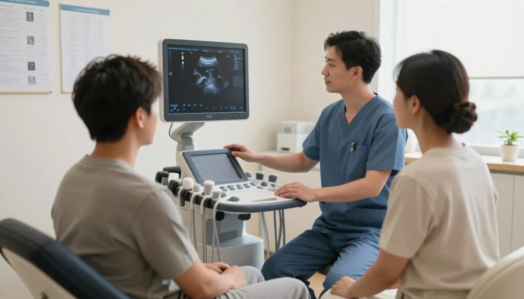 A calm and professional medical office environment, featuring a patient in modest casual clothing preparing for an ultrasound examination. In the foreground, the patient appears relaxed on an examination table, facing the ultrasound machine, which is equipped with a large monitor displaying a neutral, abstract medical image. The middle ground includes a qualified healthcare professional, dressed in scrubs and offering reassuring gestures, emphasizing a supportive atmosphere. The background features medical charts on the walls, soft lighting that creates a tranquil ambiance, and a window streaming in natural light, subtly adding a sense of warmth. The scene should convey a mood of reassurance and professionalism, highlighting the importance of patient preparation for accurate ultrasound results.
