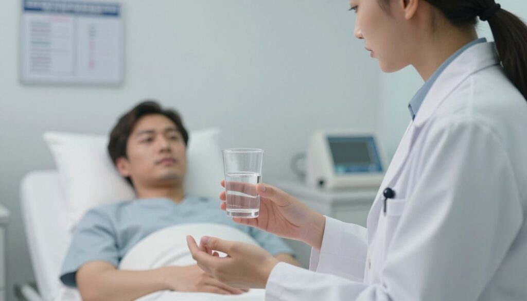 A calm and serene medical setting focused on the theme of fluid intake during sedation. In the foreground, a healthcare professional is gently explaining the importance of fluid restrictions, wearing professional attire like a white lab coat. The middle ground features a patient comfortably resting in a clinical environment, surrounded by soft, ambient lighting that creates a soothing atmosphere. Charts and medical equipment are subtly visible in the background, indicating a space dedicated to patient care. The overall mood is reassuring, emphasizing the seriousness and necessity of the discussion on fluid intake before medical procedures. The lens is set to a slightly upward angle to capture both the professional and the patient, enhancing the connection between them. No distractions such as text or logos are present.