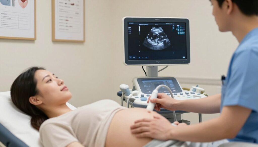A calm, clinical setting illustrating a medical ultrasound examination in the third trimester of pregnancy. In the foreground, a pregnant woman in comfortable, modest clothing lies on an examination table, looking relaxed and focused. An attentive healthcare professional, wearing scrubs, operates the ultrasound machine with a transducer in hand, displaying a clear image of a fetus on the monitor. The middle ground should include medical equipment and soft lighting, conveying a soothing environment. In the background, neutral-colored walls with framed medical charts create a professional atmosphere. The overall mood is serene and supportive, emphasizing the importance of prenatal care. Capture a close-up angle that highlights both the patient’s expression and the monitor's ultrasound display.