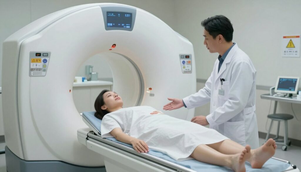 A calm, sterile medical environment for a magnetic resonance imaging (MRI) procedure. In the foreground, a patient lying comfortably on a treatment table, dressed in a modest hospital gown, appearing relaxed yet alert. To the side, a healthcare professional in a lab coat discussing the sedation and anesthesia process, looking reassuring. Soft, diffused overhead lighting creates a serene atmosphere. The middle ground features the MRI machine with its circular opening, surrounded by essential medical equipment. In the background, softly blurred, light-colored walls with safety protocols and equipment, conveying a sense of professionalism and care. A cool color palette enhances the clinical and peaceful mood, with a focus on the importance of safety during medical procedures.