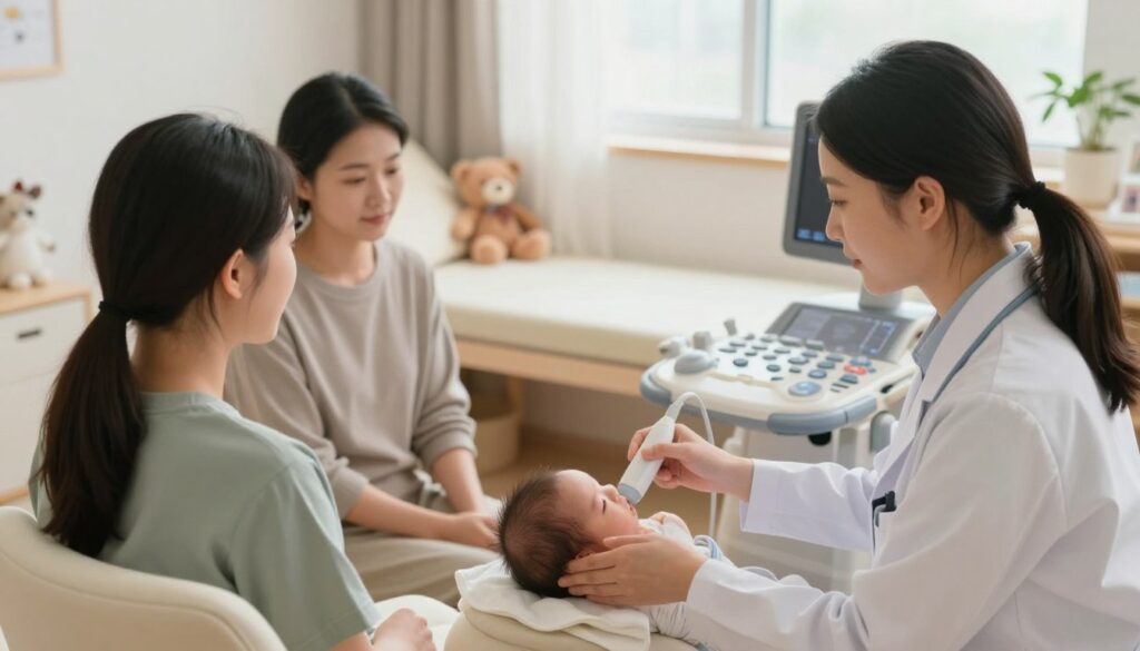 A calming and informative scene portraying the preparation for a newborn's head ultrasound. In the foreground, a pediatrician, dressed in modest professional attire, gently explains the procedure to attentive parents, who are seated comfortably. The pediatrician holds a small ultrasound device, demonstrating its use. In the middle ground, a soft, inviting examination room with soothing colors and a cozy atmosphere, featuring a padded table and soft toys strategically placed for comfort. The background shows a window with gentle natural light streaming in, creating a serene environment. The overall mood is reassuring and focused, emphasizing the importance of a calm preparation for the procedure, with an emphasis on safety and care. No text or additional elements should distract from the scene.