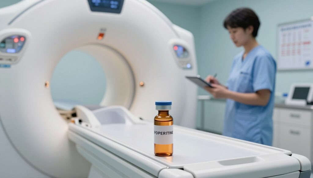 A captivating close-up of a modern MRI scanner in a well-lit medical room, showcasing the intricate details of the equipment. In the foreground, a vial of contrast agent is prominently displayed, glistening under soft, warm lighting, emphasizing its sterile nature. In the middle ground, a technician in professional attire stands beside the scanner, attentively reviewing safety protocols on a tablet. The background features medical charts and a soothing color palette of light blues and whites, creating a calm and safe environment. The mood is focused and professional, conveying an atmosphere of care and precision, ideal for illustrating the importance of contrast in MRI procedures without any distractions or human interactions beyond the technician.