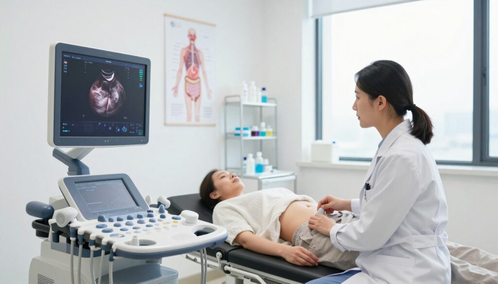 A clean and bright clinical setting focused on an abdominal ultrasound examination. In the foreground, a modern ultrasound machine with a clear screen displaying abdominal organ images. To the side, a healthcare professional in a white lab coat gently conducting the procedure on a patient lying on an examination table, dressed in modest clothing. In the middle ground, shelves with medical supplies and a poster on the wall illustrating the human digestive system can be seen. In the background, large windows allow natural light to fill the room, creating an inviting atmosphere. The overall mood is professional and reassuring, emphasizing the importance of proper preparation for abdominal ultrasounds to ensure clear diagnostic images.