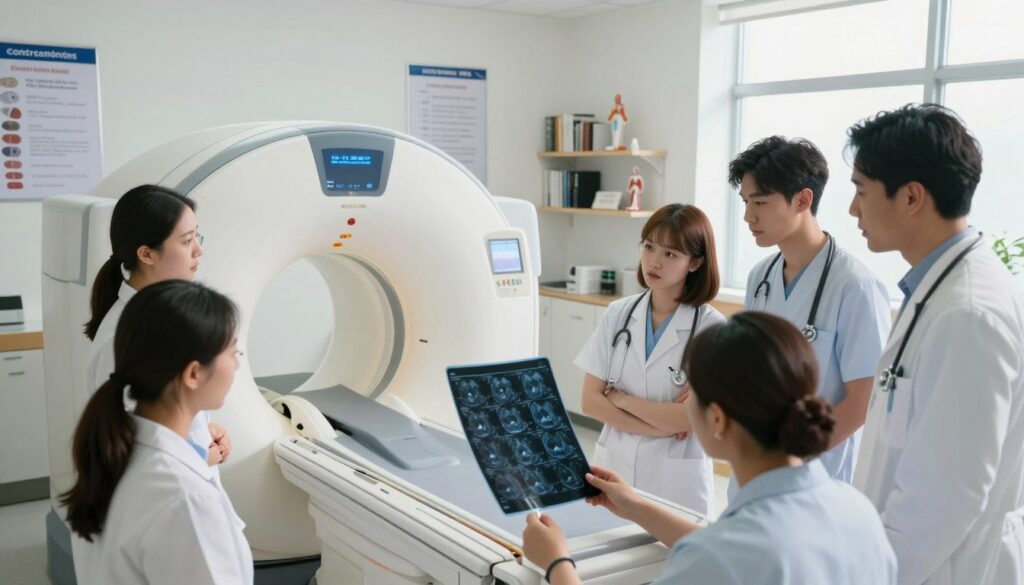 A clean, modern medical office setting focused on MRI (Magnetic Resonance Imaging) technology. In the foreground, a diverse group of medical professionals in professional attire discusses a patient's MRI scan, looking concerned, amidst a backdrop of advanced MRI machines and medical charts. The middle ground features a detailed MRI machine with a glowing screen displaying images, surrounded by informational posters highlighting contraindications for MRI and contrast agents, such as kidney issues and allergies. The background shows shelves with medical books and anatomical models, softly illuminated by bright, natural light filtering through a window, creating a calm yet serious atmosphere, emphasizing the importance of understanding MRI contraindications. The overall mood is professional and informative.