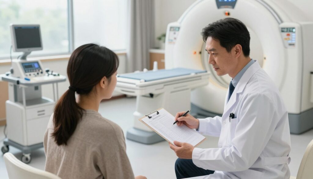 A clear and informative scene depicting a diagnostic pathway in healthcare. In the foreground, place a doctor in a professional white coat, discussing a medical chart with a patient in modest, casual clothing. In the middle ground, show a modern clinic setting with medical equipment, an examination room, and visuals of diagnostic tools, such as a CT scanner. The background should include soft, natural lighting filtering through large windows, creating a welcoming atmosphere. Use a slightly elevated angle to provide a comprehensive view of the interaction and environment. The image should convey a sense of professionalism, trust, and clarity, highlighting the journey from a family doctor's visit to the state-of-the-art diagnostic procedures. A clear and informative scene depicting a diagnostic pathway in healthcare. In the foreground, place a doctor in a professional white coat, discussing a medical chart with a patient in modest, casual clothing. In the middle ground, show a modern clinic setting with medical equipment, an examination room, and visuals of diagnostic tools, such as a CT scanner. The background should include soft, natural lighting filtering through large windows, creating a welcoming atmosphere. Use a slightly elevated angle to provide a comprehensive view of the interaction and environment. The image should convey a sense of professionalism, trust, and clarity, highlighting the journey from a family doctor's visit to the state-of-the-art diagnostic procedures.