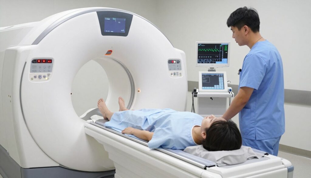 A clinical MRI room showcasing the magnetic resonance imaging process. In the foreground, a patient, wearing a hospital gown and lying comfortably on the MRI scanner, is being prepared for the procedure by a healthcare professional in scrubs. The middle layer features the sleek, advanced MRI machine with various control panels illuminated softly. In the background, the room is bright and sterile, with medical equipment and monitors displaying health data. The lighting is soft and clinical, promoting a calm atmosphere. The angle captures a side view of the patient entering the machine, emphasizing the technology while conveying a sense of safety and care.