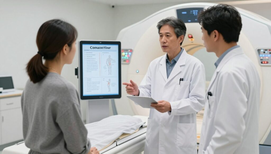 A clinical and informative scene depicting contraindications and safety principles before an MRI scan of the lumbar spine. In the foreground, a professional-looking healthcare provider, dressed in a white lab coat, stands confidently, discussing MRI preparation with a patient. The patient, wearing modest casual clothing, looks attentive and engaged. In the middle ground, medical charts and diagrams about contraindications are displayed on a digital screen. The background features a modern MRI machine, softly illuminated with bright, sterile lighting that conveys a sense of safety and professionalism. The atmosphere is calm and reassuring, emphasizing the importance of understanding safety guidelines and contraindications before MRI procedures. The composition is well-balanced, showcasing a clear focus on the interaction in a clinical setting.