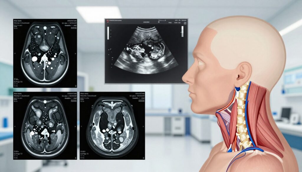 A clinical comparison of cervical imaging techniques, featuring an anatomical illustration of a human neck. In the foreground, depict high-resolution images of MRI and CT scans side by side, showcasing distinct anatomical structures such as vertebrae, muscles, and blood vessels. In the middle ground, include a transparent overlay of an ultrasound image, highlighting soft tissue details. The background should feature a modern medical setting, with clean, bright lighting that emphasizes the details of the images. Use a professional lens angle to create depth, focusing on clarity and realism. The overall mood is informative and clinical, suitable for a medical article, without any people present.