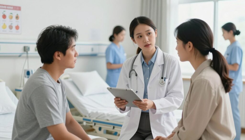 A clinical dietitian consulting with a patient in a hospital room. In the foreground, a professional dietitian in a white lab coat and modest business attire, holding a tablet and discussing dietary plans with the patient, who appears attentive and engaged. The middle ground features a hospital bed with medical equipment, a nutrition chart on the wall, and a window allowing soft natural light to illuminate the scene. In the background, blurred figures of nurses and healthcare workers can be seen, contributing to a bustling hospital atmosphere. The overall mood is professional and supportive, with a focus on health and wellness. The lighting is bright yet comfortable, creating an inviting environment for patient care.