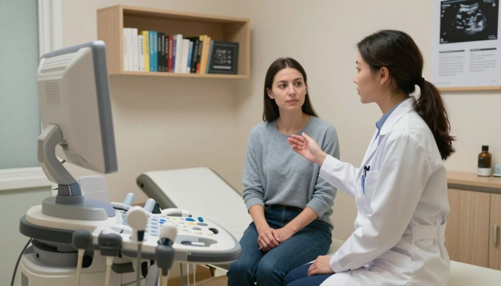 A clinical examination room featuring a gynecological ultrasound machine in the foreground, with soft ambient lighting creating a professional atmosphere. A female medical professional in a white lab coat stands beside the machine, attentively explaining the procedure to a patient seated on the examination table, who is modestly dressed in casual clothing. In the background, shelves filled with medical textbooks and ultrasound imaging posters subtly enhance the context. The scene captures a sense of calm and reassurance, emphasizing the importance of clarity and accuracy in medical examinations. The angle focuses on the interaction between the doctor and the patient, highlighting a supportive environment for discussing sensitive topics related to health and diagnostics.