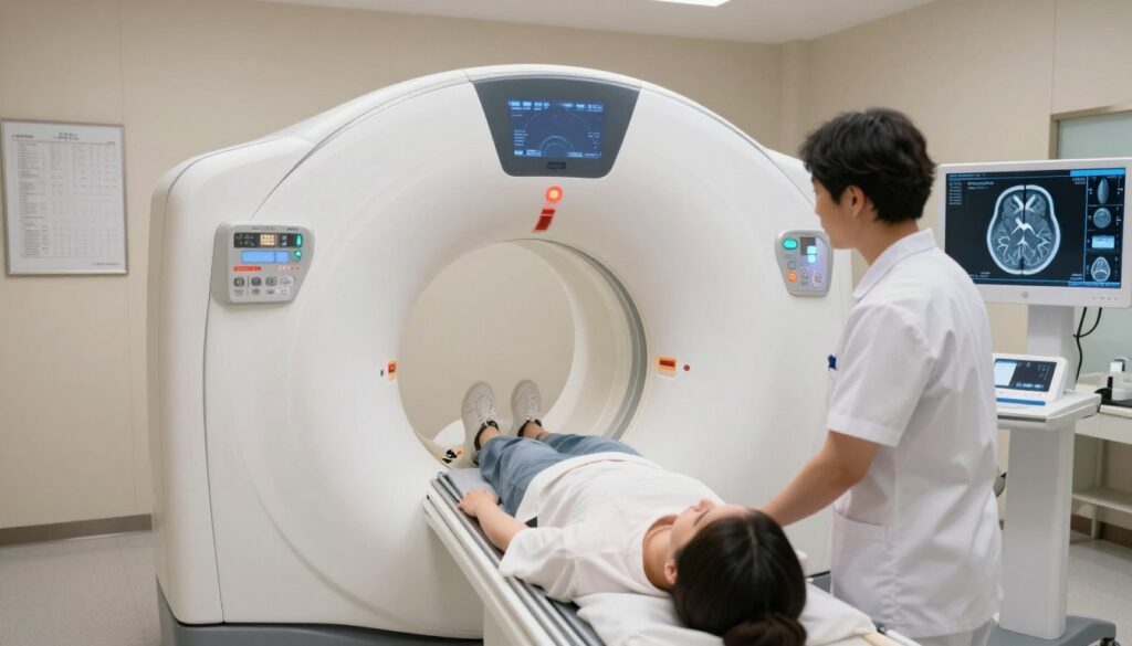 A clinical healthcare setting showcasing a modern MRI machine focused on brain imaging. In the foreground, a technician in professional attire prepares a patient lying on the examination table, interacting gently to ensure comfort. The middle section features the MRI machine with bright, sterile lighting illuminating the area. Detailed medical charts related to MRI scans hang on the walls, while a monitor displays brain scan images in the background. The atmosphere is calm and reassuring, with soft, diffused lighting creating a sense of safety and professionalism. The angle is slightly elevated, providing an overview of the entire room while maintaining a clear focus on the MRI procedure.