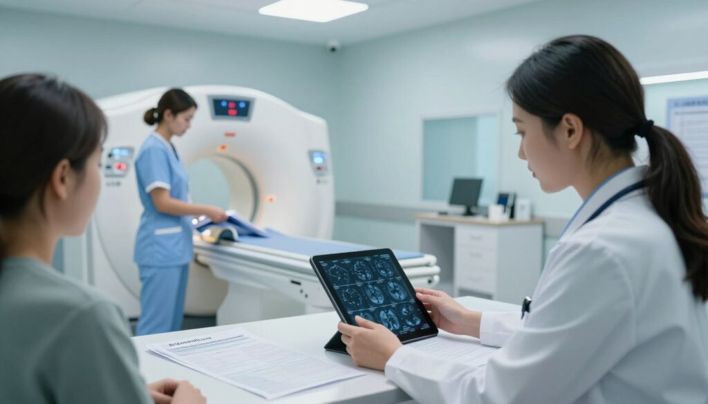 A clinical setting depicting a busy medical office with a focus on the urgency of patient care. In the foreground, a doctor in professional attire, intently reviewing a patient's MRI results on a tablet, surrounded by charts and notes. The middle ground features a nurse efficiently organizing patient files and a digital clock highlighting time pressure. The background shows a bright, well-equipped radiology room with an MRI machine, illuminated by soft, cool overhead lighting. The ambiance conveys a sense of urgency and professionalism, reflecting the critical need for timely medical evaluations. The scene captures the essence of ‘trybie pilnym’ with a clear visual narrative of healthcare efficiency. A clinical setting depicting a busy medical office with a focus on the urgency of patient care. In the foreground, a doctor in professional attire, intently reviewing a patient's MRI results on a tablet, surrounded by charts and notes. The middle ground features a nurse efficiently organizing patient files and a digital clock highlighting time pressure. The background shows a bright, well-equipped radiology room with an MRI machine, illuminated by soft, cool overhead lighting. The ambiance conveys a sense of urgency and professionalism, reflecting the critical need for timely medical evaluations. The scene captures the essence of ‘trybie pilnym’ with a clear visual narrative of healthcare efficiency.