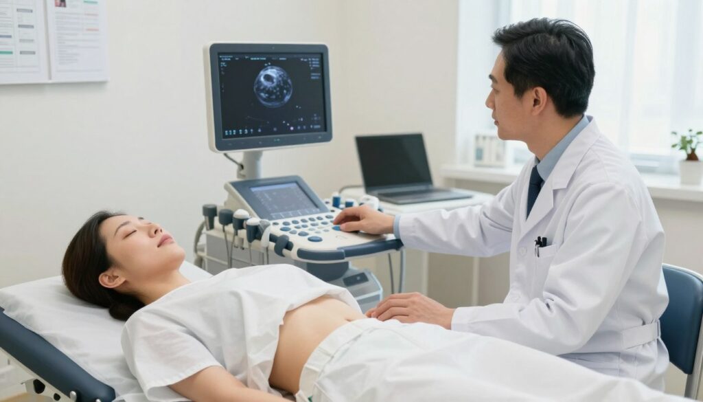 A clinical setting depicting a physician performing an abdominal ultrasound on a patient. In the foreground, a well-dressed doctor in a white coat focuses on a portable ultrasound machine, intently examining the screen. The patient, dressed in a modest hospital gown, lies comfortably on an examination table, radiating calmness. In the middle ground, a neatly organized medical workspace is visible, with charts, a laptop, and medical instruments. Soft, diffused lighting brightens the room, creating a reassuring atmosphere. In the background, a window with soft daylight filters in, enhancing the natural feel of the space. The overall mood is professional yet calming, conveying the importance of the abdominal ultrasound in medical evaluation.