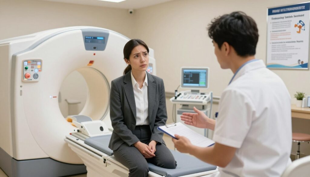 A clinical setting featuring a medical examination room focused on the topic of contraindications before undergoing an MRI. In the foreground, a concerned patient, dressed in professional business attire, sits on an examination table, looking apprehensively at a medical professional who is explaining the procedure. The middle ground includes medical equipment like an MRI machine, various diagnostic tools, and informational posters about precautions and contraindications prominently displayed. The background consists of a well-lit, organized room with neutral colors and calming lighting, creating a reassuring atmosphere. The scene should evoke a sense of care and professionalism, capturing the importance of understanding safety measures. The angle should be slightly side-on to showcase both the patient’s expression and the informational elements in the room.