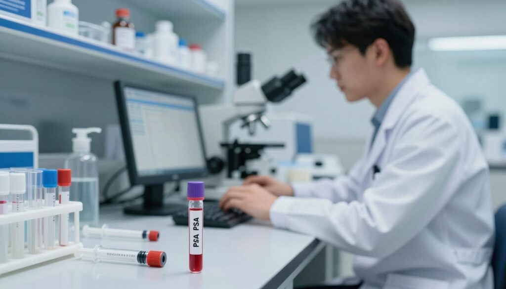 A clinical setting featuring a medical laboratory scene focused on a blood test for PSA (Prostate-Specific Antigen). In the foreground, a close-up of a vial filled with red blood, labeled clearly but without text, resting on a modern lab counter with medical equipment like syringes and test tubes. In the middle ground, a medical professional in a white coat, wearing professional attire, attentively analyzing test results on a digital screen. The background shows a softly lit lab with shelves of medical supplies and microscopes. The atmosphere is serious and professional, with a cool blue and white color scheme that evokes a sense of trust and precision in medical diagnostics. The image captures the essence of health and proactive medical testing.