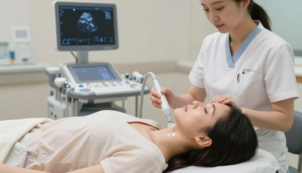 A clinical setting featuring a thyroid ultrasound examination in progress. In the foreground, a patient lies on an examination table wearing a comfortable, modest gown, looking relaxed yet attentive. The middle ground showcases a healthcare professional in professional attire, carefully applying ultrasound gel on the patient’s neck while holding a transducer in their other hand. In the background, various medical equipment and monitors are visible, softly illuminated by overhead lights, creating a serene and sterile atmosphere. The scene captures the step-by-step process of the examination, emphasizing professionalism and care. Use soft, natural lighting to convey a calm mood, with a focus on the interaction between patient and practitioner.