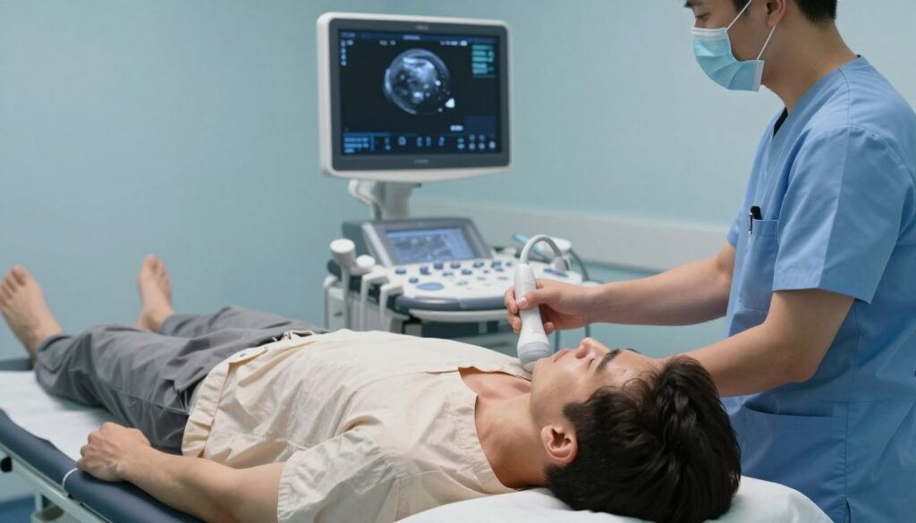 A clinical setting illustrating a prostate ultrasound examination. In the foreground, a male patient, clothed in a modest gown, lies comfortably on an examination table. A healthcare professional, wearing professional medical attire, is positioned beside the patient, holding a transducer device, demonstrating the procedure. The middle ground shows an ultrasound machine displaying a clear image on the screen, with medical instruments neatly arranged nearby. The background features soft, diffused lighting to create a calm and comforting atmosphere, with subtle shades of blue to evoke a feeling of trust and professionalism. The composition captures the step-by-step process of the examination, emphasizing a clinical yet approachable environment.