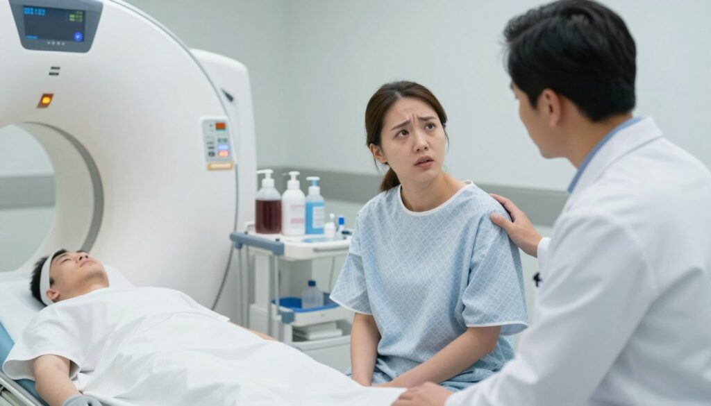 A clinical setting illustrating the aftermath of contrast agent administration in a medical environment. In the foreground, a concerned patient, dressed in a hospital gown, sits on an examination bed with a slightly anxious expression. A medical professional, in a white coat, observes and provides reassurance, reflecting a supportive atmosphere. In the middle ground, an array of medical equipment like an MRI machine and contrast solution bottles can be seen, symbolizing the procedure's context. The background features soft, diffused lighting to create a sterile yet calming environment. The overall mood is serious yet compassionate, emphasizing the importance of monitoring reaction to contrast media in medical procedures.