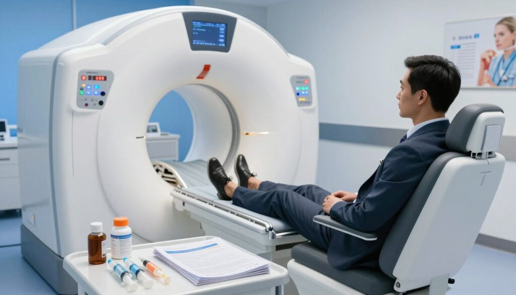 A clinical setting preparing for a contrast MRI scan, focusing on a patient in professional business attire sitting in a comfortable chair, looking calm and relaxed. In the foreground, various medical supplies such as syringes, contrast agents, and patient informational pamphlets are neatly arranged on a nearby table. The middle ground features a state-of-the-art MRI machine, prominently visible, with soft blue and white lighting creating a serene atmosphere. The background includes a clean, sterile environment with medical charts and calming wall art, emphasizing the importance of relaxation before the procedure. The scene conveys a sense of preparedness and professionalism, aiming to reassure patients about the process.
