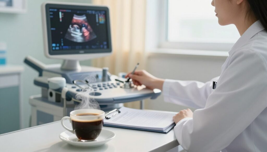 A clinical setting showing a healthcare professional in a white coat, examining an ultrasound machine displaying a colorful image of an abdominal scan. The foreground features a cup of coffee on a nearby table, with steam rising gently, symbolizing the question of coffee consumption before an ultrasound. In the middle, there are medical documents and a stethoscope, indicating an involved medical environment. The background consists of soft natural lighting streaming through a window, casting a warm glow on the sterile metallic surfaces of medical equipment. The atmosphere conveys a sense of inquiry and professionalism, inviting the viewer to ponder the effects of coffee on ultrasound results while maintaining a clean and polished appearance.