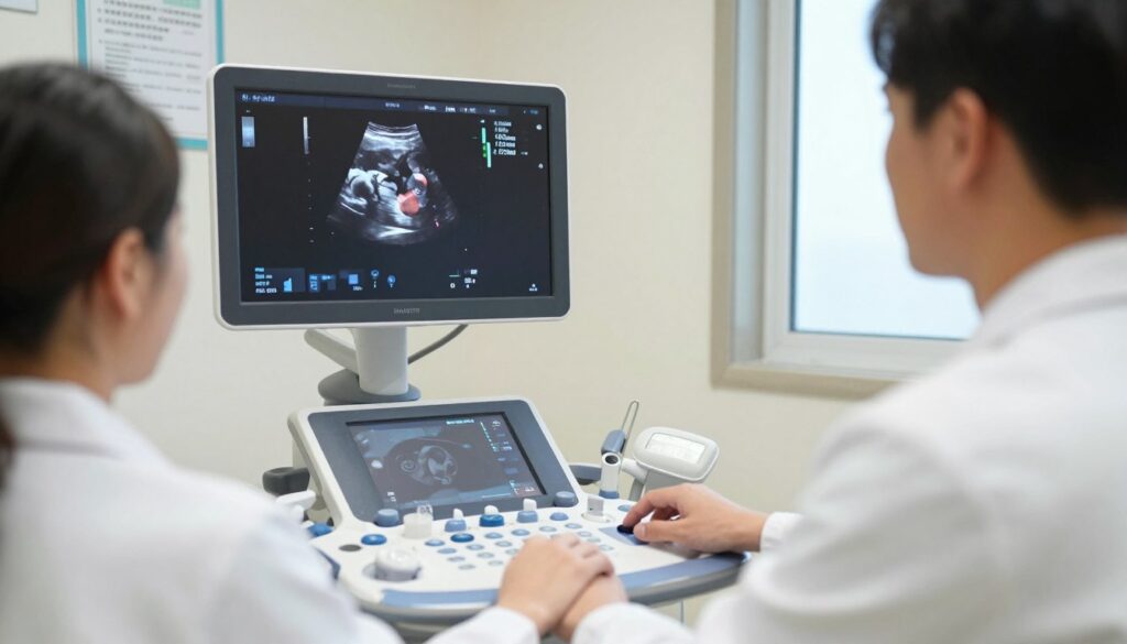 A clinical ultrasound examination room in a hospital, focusing on the ultrasound device showcasing a clear image of a fetal head circumference (HC) measurement on the screen. In the foreground, a healthcare professional in a white lab coat is gently interacting with the ultrasound machine while attentively observing the screen. In the middle ground, the ultrasound monitor displays graphical representations of measurement data, surrounded by ultrasound gel and necessary equipment. The background features soft, ambient lighting, medical charts on the wall, and a window allowing natural light to filter in, enhancing the professional and serene atmosphere of a healthcare setting. The overall mood conveys a sense of care and precision in medical practice, highlighting the importance of accurate measurements during an ultrasound.