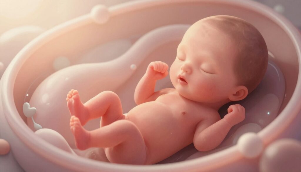 A close-up illustration of a developing fetus at 10 weeks gestation, showcasing the early stages of growth and development. The fetus should be shown in a cozy, safe environment within the womb, surrounded by amniotic fluid. The image should capture intricate details of the developing features, including the formation of limbs and facial structures. In the foreground, utilize soft, diffused lighting to create a warm and serene atmosphere that evokes a sense of wonder and anticipation. The background should be softly blurred, emphasizing the sacredness of the moment while maintaining a soothing, ethereal quality. The overall mood should be hopeful and nurturing, reflecting the miracle of life.