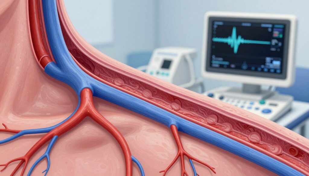 A close-up illustration of human arteries, showcasing their intricate structure and branching patterns. In the foreground, highlight the detailed textures and colors of the arterial walls, emphasizing their layers and the vivid reds and blues typical of oxygenated and deoxygenated blood. In the middle ground, introduce a digital Doppler ultrasound device displaying waveforms that represent blood flow dynamics. For the background, softly blur a clinical setting, perhaps an examination room, with medical equipment subtly placed to convey a professional atmosphere. Use bright, clinical lighting to enhance details and create a sense of precision and clarity. The overall mood should convey a sense of professionalism, focus, and the importance of vascular health.