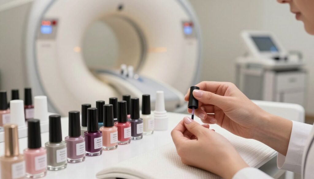 A close-up of a stylish nail salon workstation featuring various nail polish bottles labeled with different colors and types, prominently displaying hybrid nail products such as gel and acrylic alongside traditional nail polish. In the background, a modern MRI machine is subtly visible, hinting at a clinical setting. The lighting is bright and inviting, capturing the glossy textures of the nail polishes and the sleek surfaces of the workstation. The atmosphere is professional yet relaxed, suggesting a space where beauty and health coexist. The foreground showcases a hand applying the nail polish, dressed in modest and professional attire, reflecting the section's focus on the interaction between nail products and MRI results.