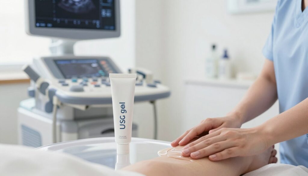 A close-up view of "USG gel" prominently displayed on a sleek, reflective medical table in a well-lit consultation room. The gel tube is elegantly placed beside a clean ultrasound machine, showcasing its medical applications. In the background, soft-focus images of charted scans on a screen convey the clinical environment. The room is bright with natural light streaming in through a window, accentuating a professional atmosphere. The color palette is calming, featuring whites and soft blues, enhancing the medical setting. A healthcare professional in modest attire is gently applying the gel to the patient's skin, emphasizing its use in both clinical and home settings. The image conveys a sense of trust and professionalism.