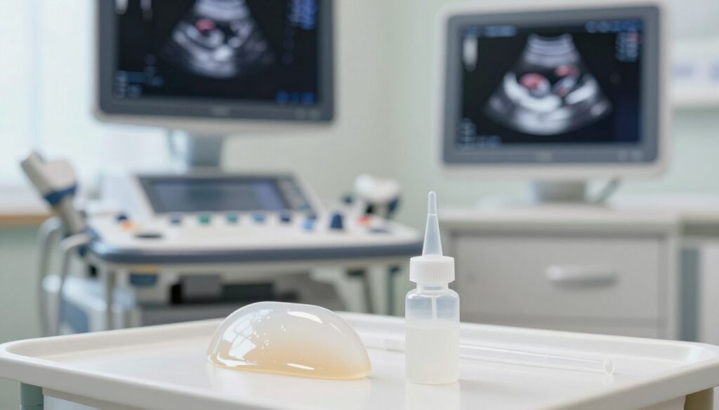 A close-up view of a gel used in ultrasound imaging, showcasing its translucent, glossy texture with a slight sheen under soft diffused lighting. In the foreground, a small, clear bottle of ultrasound gel sits on a sterile white surface, with an applicator tube beside it. The middle ground features a modern ultrasound machine with its screen displaying a colorful, detailed ultrasound image of a human organ, emphasizing the clarity provided by the gel. The background includes a clinical setting, with soft, natural lighting filtering through a window, creating a calm and professional atmosphere. The overall mood is informative and scientific, ideal for illustrating the role of gel in ultrasound procedures.