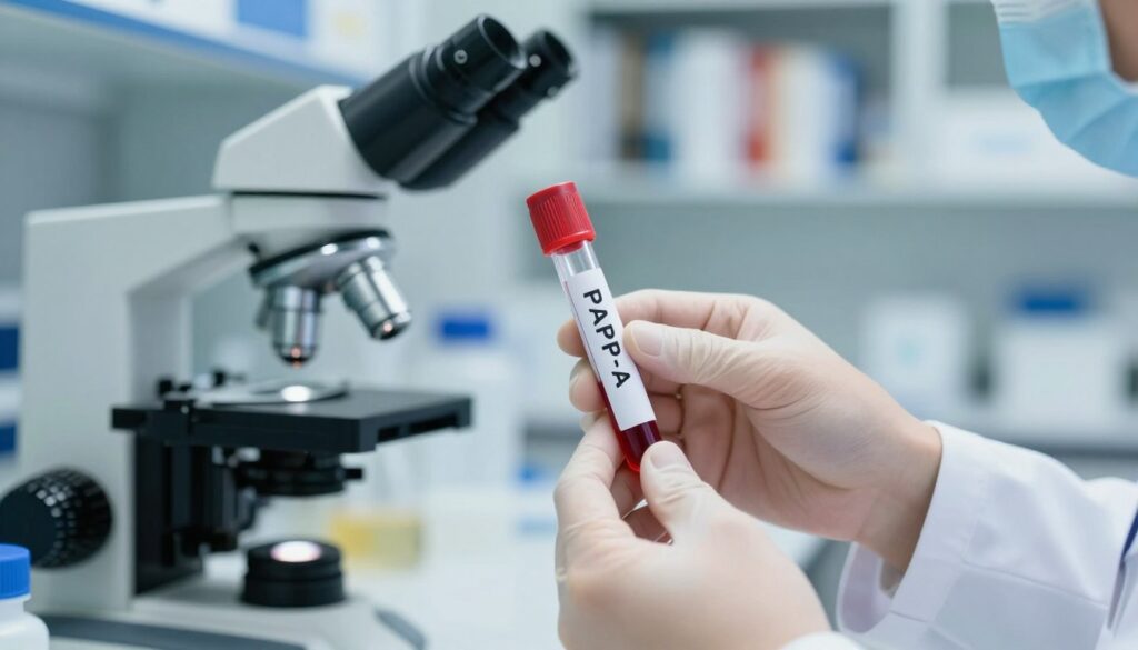 A close-up view of a medical laboratory setting showcasing a test tube filled with blood sample for the PAPP-A test. In the foreground, focus on the test tube with a clear label. The middle ground features a microscope and other laboratory equipment, emphasizing a scientific atmosphere. In the background, soft-focused shelves filled with medical books and equipment add depth. The lighting is bright and clinical, creating a clean and sterile environment, while a slight blue tint enhances the hi-tech feel of the laboratory. A healthcare professional in a neat lab coat is gently examining the sample, projecting a sense of professionalism and diligence. The overall mood is serious and informative, suited for a medical context. A close-up view of a medical laboratory setting showcasing a test tube filled with blood sample for the PAPP-A test. In the foreground, focus on the test tube with a clear label. The middle ground features a microscope and other laboratory equipment, emphasizing a scientific atmosphere. In the background, soft-focused shelves filled with medical books and equipment add depth. The lighting is bright and clinical, creating a clean and sterile environment, while a slight blue tint enhances the hi-tech feel of the laboratory. A healthcare professional in a neat lab coat is gently examining the sample, projecting a sense of professionalism and diligence. The overall mood is serious and informative, suited for a medical context.