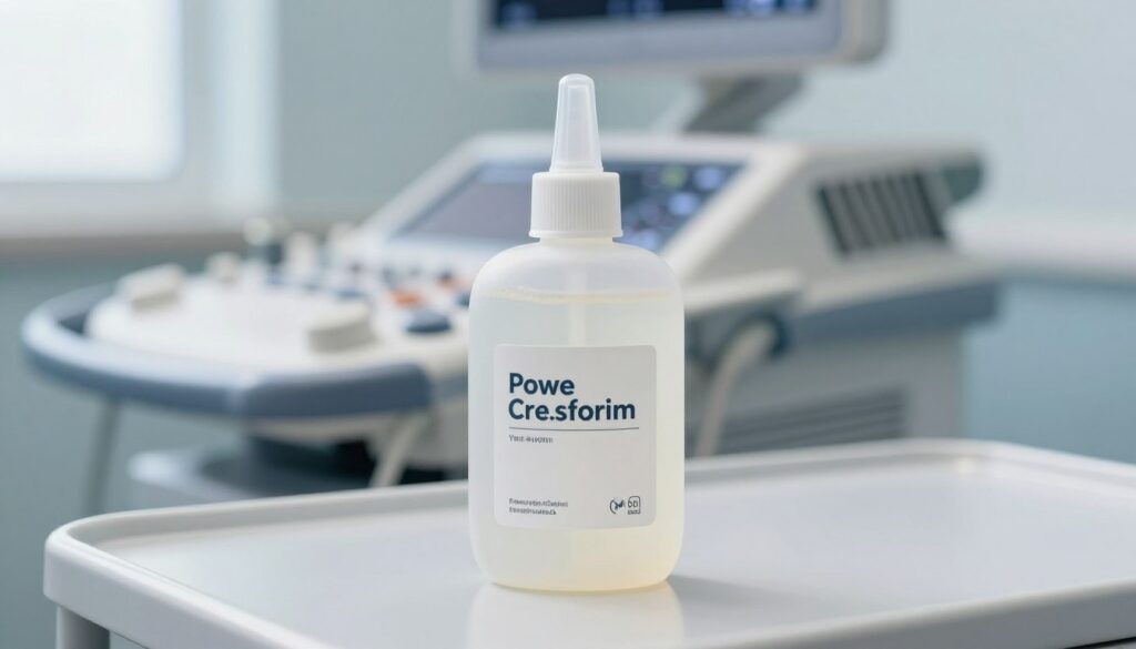 A close-up view of a medical ultrasound gel bottle placed on a clean, sterile surface, with a soft-focus ultrasound machine in the background. The gel bottle, featuring a modern and ergonomic design, should be prominently displayed with a clear label showing its purpose. The background should include a white or light blue clinical environment to convey sterility and professionalism. Natural daylight filters through a nearby window, casting gentle shadows, creating a calm and focused atmosphere. The image should emphasize the texture and viscosity of the gel, with reflections that highlight its smoothness. Accentuate a sense of safety and necessity associated with ultrasound procedures, avoiding any human presence to maintain a sterile focus on the product itself.