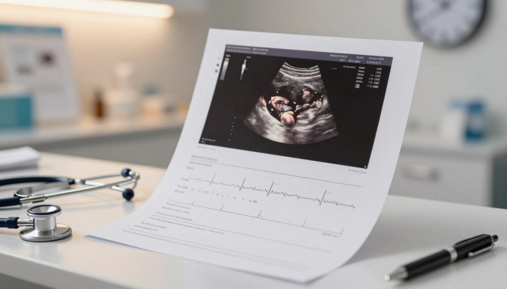 A close-up view of a medical ultrasound result sheet, displaying detailed images of a fetus in the third trimester, with annotated sections highlighting key measurements like head circumference and fetal heart rate. The result sheet lies on a clean, white clinical desk, surrounded by a few medical tools such as a stethoscope and a pen. The background features softly blurred medical charts and a wall clock showing time, conveying a professional healthcare atmosphere. Warm overhead lighting adds a comforting glow to the scene, enhancing focus on the ultrasound sheet. The mood is informative and hopeful, representing a crucial stage in prenatal care, free from any distractions or text overlays.