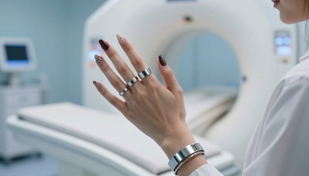 A close-up view of a person's hand with beautifully manicured hybrid nails, showcasing intricate designs, while the hand is adorned with shiny metal jewelry such as rings and bracelets. The person is wearing modest casual clothing, and the background features a soft-focus medical imaging room, subtly lit with cool blue and white tones to create a clinical atmosphere. The lighting highlights the reflective surfaces of the metal, contrasting with the richness of the nail designs. The image captures a moment of contemplation, emphasizing the importance of removing metal accessories prior to a magnetic resonance imaging (MRI) scan. The overall mood is professional, informative, and clean, perfectly suited for a health and wellness article.