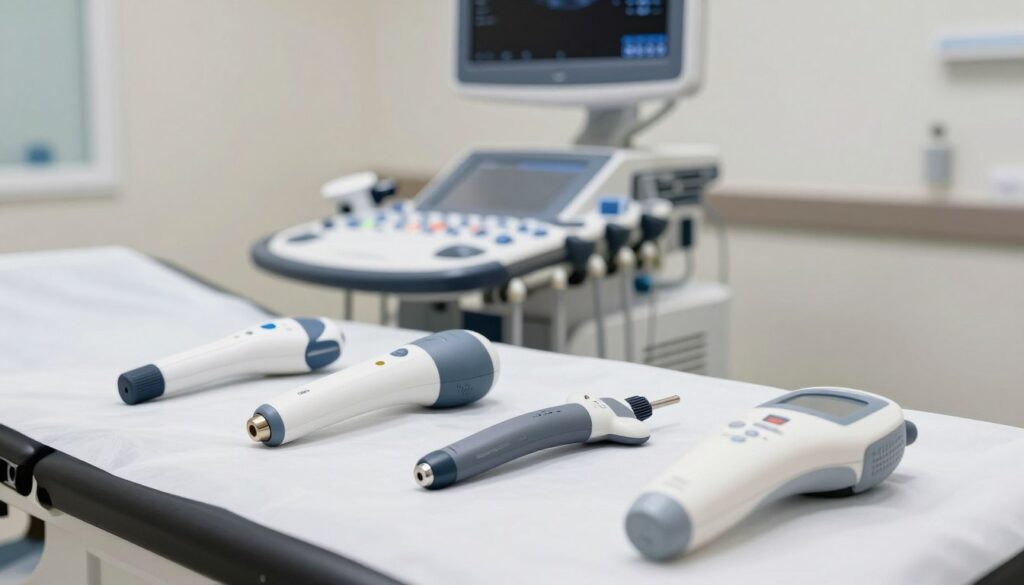 A collection of various ultrasound probes displayed on a sterile medical examination table in a bright, clinical environment. The foreground features detailed, close-up views of the probes, showcasing their unique shapes and textural elements, while ensuring the surface is polished and well-lit. In the middle ground, an ultrasound machine is visible, emphasizing a sleek, modern design with digital screens and controls. The background includes subtle, blurred medical equipment and soft, neutral colors to maintain a professional atmosphere. The scene is illuminated with soft, even lighting, creating a clean and focused mood that reflects an advanced medical setting. Angle the shot slightly downwards to capture a professional and informative perspective.