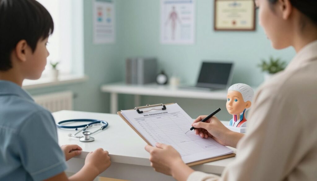 A concerned parent sits in a well-lit, professional doctor's office, preparing for an important discussion about their child's head circumference results. In the foreground, the parent, dressed in modest casual clothing, holds a clipboard with notes. The middle layer shows a table with an open medical report, emphasizing the HC measurement, surrounded by a stethoscope and an anatomical model of a child's head. In the background, the doctor's office has soothing colors, with medical charts and a framed diploma on the walls. Soft, natural lighting filters through a window, creating a calm and reassuring atmosphere. The overall mood is one of anxious anticipation, reflecting the seriousness of the upcoming conversation.