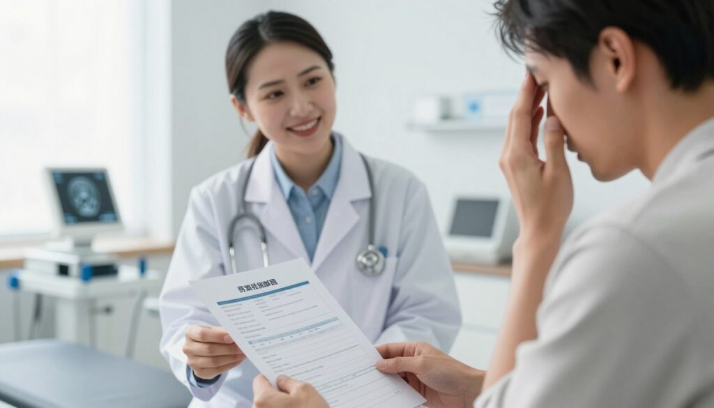 A concerned patient in a modern medical office, looking contemplative while holding a referral document for an MRI scan of the head. The foreground features the patient's hands gripping the document, expressing a mix of anxiety and hope. In the middle ground, a friendly medical professional in business attire stands beside the patient, offering supportive guidance. The background showcases a well-lit examination room with medical equipment, emphasizing a clinical yet welcoming atmosphere. Soft, diffused natural light streams through a window, creating a calm mood. The lens angle captures both the patient and professional, ensuring the focus remains on the interaction while maintaining a professional setting.