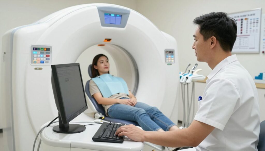 A dental office interior featuring a modern CBCT (Cone Beam Computed Tomography) machine in use. In the foreground, a male dentist in professional attire is monitoring the scanning process on a computer screen, with a focused expression. In the middle ground, a female patient, dressed in modest casual clothing, is seated in the CBCT machine, relaxed yet attentive, with a protective apron on. The background shows a clean, well-lit dental clinic with charts and dental tools neatly organized. Soft, natural lighting illuminates the scene, enhancing the professional atmosphere. The angle captures both the dentist's interaction with the technology and the patient in the scanning machine, conveying a sense of care and advanced dental technology in action.