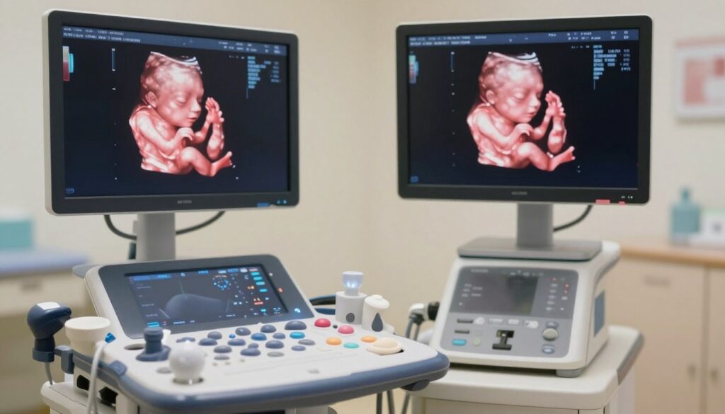 A detailed 3D ultrasound image of a fetus at 12 weeks gestation, highlighting potential gender indicators, with clear anatomical details. The foreground captures the bright, vivid imagery of the fetus, showcasing its developing features in a semi-transparent view. In the middle ground, display the high-tech ultrasound equipment, emphasizing the advanced 3D/4D imaging technology and Doppler capabilities, with soft blue and pink lighting to symbolize gender indicators. The background should be a blurred medical room setting, hinting at a calm, clinical atmosphere. The overall mood conveys a sense of discovery and anticipation, with gentle, warm lighting enhancing the emotional weight of the moment. The image should be informational, professional, and suitable for educational purposes, without any text or overlays.