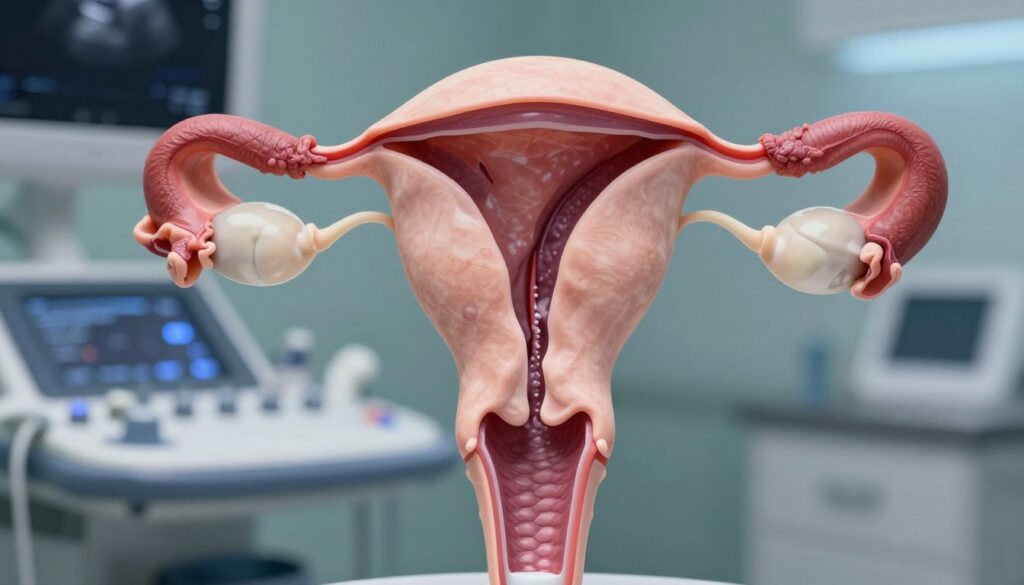 A detailed 3D ultrasound view of a bicornuate uterus, showcasing the internal structure with distinct dual cavities. The foreground features a high-resolution image of the uterus with clear distinctions between the two horns, including smooth muscle tissues and the surrounding endometrial lining. In the middle ground, include subtle imaging equipment such as an ultrasound probe, emphasizing the medical environment. The background can depict a softly blurred medical clinic setting, with subtle hints of blue light reflecting off sterile surfaces to enhance the clinical atmosphere. Use soft lighting to create a professional and calm mood, highlighting the intricacies of the 3D imaging technology. The angle should focus on the uterus from a slightly elevated perspective, ensuring clarity in the anatomical details.