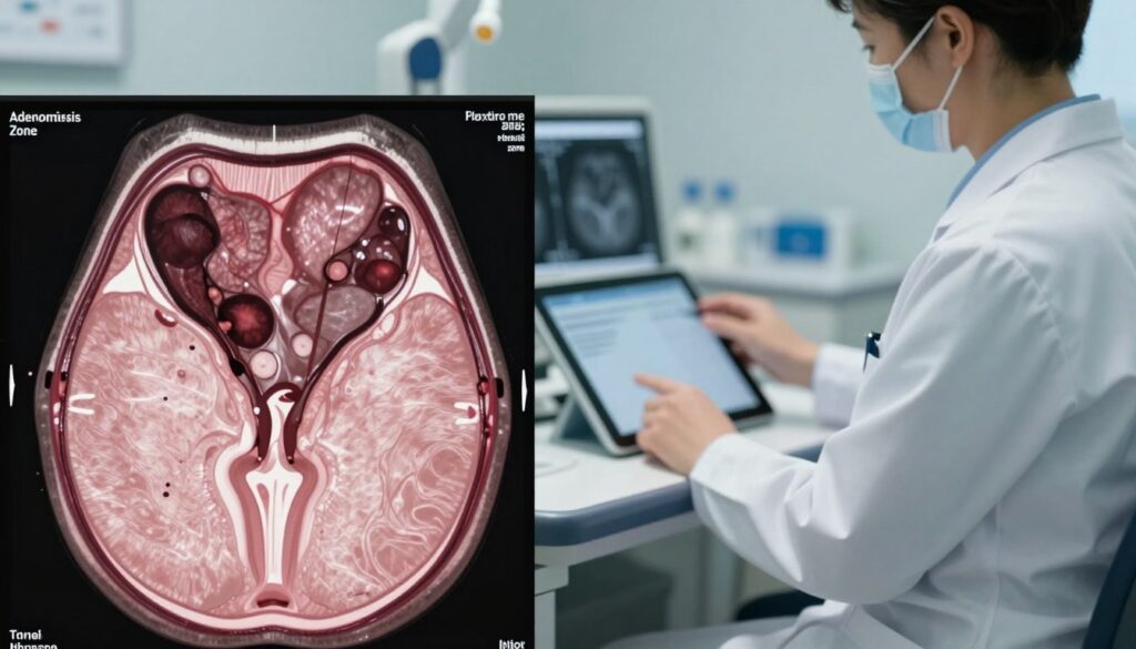 A detailed MRI scan image of the junctional zone of the uterus, showcasing the contrast between healthy tissue and potential adenomiosis. In the foreground, a magnified view of the MRI scans reveals fine textures and the layered structure of the uterine wall, with clear outlines that indicate the presence of abnormal tissue. The middle ground features a technician in a white lab coat, analyzing the MRI results on a digital tablet, embodying a professional approach to diagnostics. The background includes soft, ambient lighting that emphasizes the clinical atmosphere of a medical examination room, creating a sense of seriousness and focus. The composition should balance clarity and detail, projecting a mood of advanced medical technology and expertise in women's health.