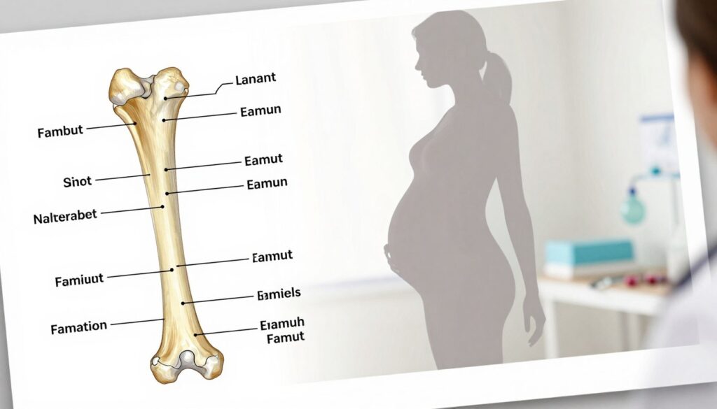 A detailed anatomical illustration focusing on the femur bone, emphasizing its length and structure. In the foreground, a labeled diagram of the femur bone is depicted, highlighting key measurements and proportions with clear, scientific labels. In the middle ground, a stylized abstract representation of a pregnant woman’s silhouette is present, symbolizing the prenatal context. The background features soft, muted colors and blurred shapes representing a clinical environment to convey a sense of professionalism. The lighting is bright and even, mimicking a clinical examination room, and the image is captured from a slight elevation angle to provide a comprehensive view. The overall mood is informative and educational, designed for a medical audience.